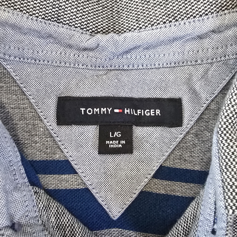 Tommy Hilfiger Men's Gray and Blue Striped Polo Shirt - Picture 5 of 6